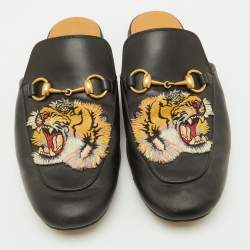 Pre Owned Gucci Black Tiger Embroidered Leather Princetown Horsebit Flat Mules Size 41