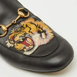 Pre Owned Gucci Black Tiger Embroidered Leather Princetown Horsebit Flat Mules Size 41