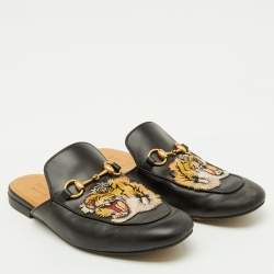 Pre Owned Gucci Black Tiger Embroidered Leather Princetown Horsebit Flat Mules Size 41