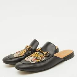 Pre Owned Gucci Black Tiger Embroidered Leather Princetown Horsebit Flat Mules Size 41