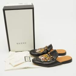 Pre Owned Gucci Black Tiger Embroidered Leather Princetown Horsebit Flat Mules Size 41