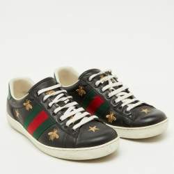 Pre Owned Gucci Black Leather Bee and Star Embroidered Ace Low Top Sneakers Size 41