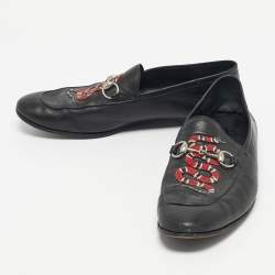 Pre Owned Gucci Black Leather Snake Applique Brixton Loafers Size 44.5