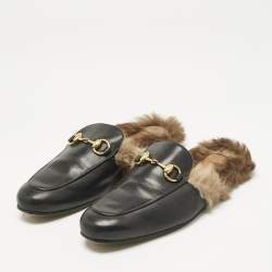 Pre Owned Gucci Black Leather and Fur Princetown Flat Mules Size 39