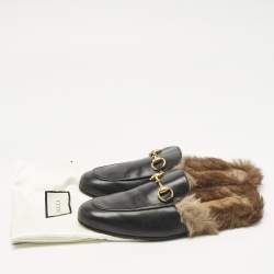 Pre Owned Gucci Black Leather and Fur Princetown Flat Mules Size 39