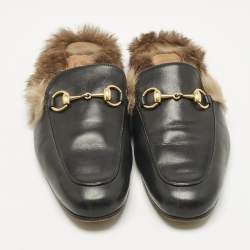 Pre Owned Gucci Black Leather and Fur Princetown Flat Mules Size 39