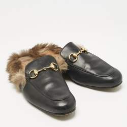 Pre Owned Gucci Black Leather and Fur Princetown Flat Mules Size 39