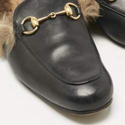 Pre Owned Gucci Black Leather and Fur Princetown Flat Mules Size 39