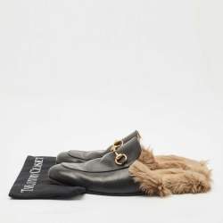 Pre Owned Gucci Black Leather and Fur Princetown Flat Mules Size 45