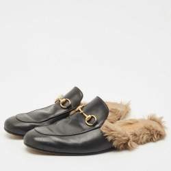 Pre Owned Gucci Black Leather and Fur Princetown Flat Mules Size 45