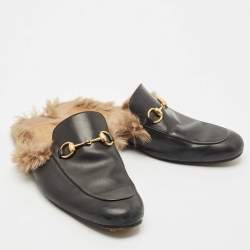 Pre Owned Gucci Black Leather and Fur Princetown Flat Mules Size 45