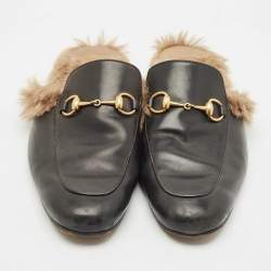 Pre Owned Gucci Black Leather and Fur Princetown Flat Mules Size 45