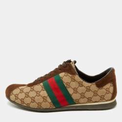 Pre Owned حذاء رياضي غوتشي قماش GG بني/بيج وجلد سويدي بعنق منخفض مقاس 45