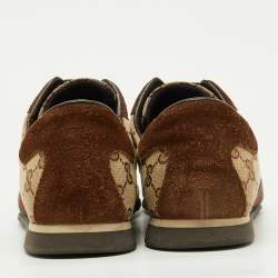 Pre Owned حذاء رياضي غوتشي قماش GG بني/بيج وجلد سويدي بعنق منخفض مقاس 45