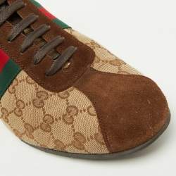 Pre Owned حذاء رياضي غوتشي قماش GG بني/بيج وجلد سويدي بعنق منخفض مقاس 45