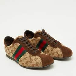 Pre Owned حذاء رياضي غوتشي قماش GG بني/بيج وجلد سويدي بعنق منخفض مقاس 45