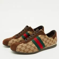 Pre Owned حذاء رياضي غوتشي قماش GG بني/بيج وجلد سويدي بعنق منخفض مقاس 45