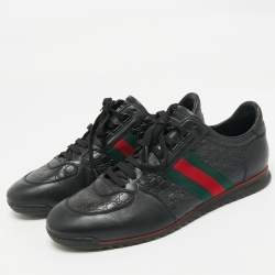Pre Owned Gucci Black Guccissima Leather Web Low Top Sneakers Size 43.5