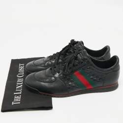 Pre Owned Gucci Black Guccissima Leather Web Low Top Sneakers Size 43.5