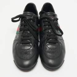 Pre Owned Gucci Black Guccissima Leather Web Low Top Sneakers Size 43.5
