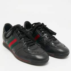 Pre Owned Gucci Black Guccissima Leather Web Low Top Sneakers Size 43.5
