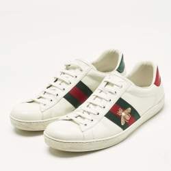 Pre Owned Gucci White Leather Bee Embroidered Ace Low Top Sneakers Size 44