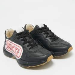 Pre Owned Gucci Black Leather Rhyton Logo Low Top Sneakers Size 43