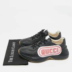 Pre Owned Gucci Black Leather Rhyton Logo Low Top Sneakers Size 43