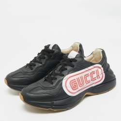 Pre Owned Gucci Black Leather Rhyton Logo Low Top Sneakers Size 43