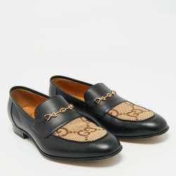 Pre Owned Gucci Brown/Black Leather and Macro GG Canvas Jakarta Loafers Size 41.5