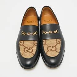 Pre Owned Gucci Brown/Black Leather and Macro GG Canvas Jakarta Loafers Size 41.5
