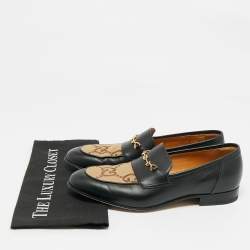 Pre Owned Gucci Brown/Black Leather and Macro GG Canvas Jakarta Loafers Size 41.5