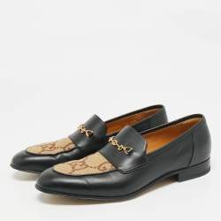 Pre Owned Gucci Brown/Black Leather and Macro GG Canvas Jakarta Loafers Size 41.5