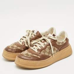 مملوكة مسبقًا Gucci Beige/Brown GG Canvas and Leather Chunky B Sneakers Size 42.5