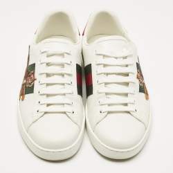 مملوكة مسبقًا حذاء رياضي غوتشي آيس جلد أبيض يمر بتطريز نمر بظهر منخفض مقاس 43