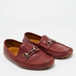Pre Owned Gucci Dark Red Leather Horsebit Slip On Loafers Size 42