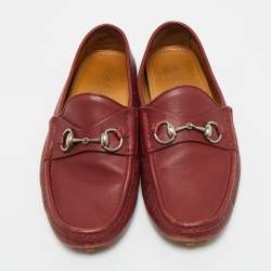 Pre Owned Gucci Dark Red Leather Horsebit Slip On Loafers Size 42