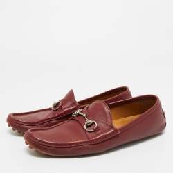 Pre Owned Gucci Dark Red Leather Horsebit Slip On Loafers Size 42