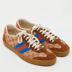 Pre Owned Gucci Brown/Beige GG Canvas and Suede Web G74 Sneakers Size 44