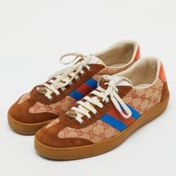 Pre Owned Gucci Brown/Beige GG Canvas and Suede Web G74 Sneakers Size 44