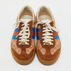 Pre Owned Gucci Brown/Beige GG Canvas and Suede Web G74 Sneakers Size 44