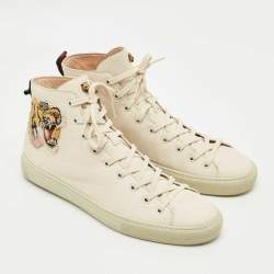 Pre Owned Gucci Cream Leather Tiger Embroidered High Top Sneakers Size 43.5