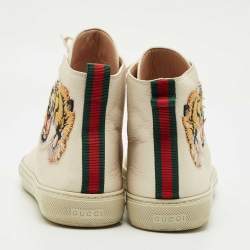 Pre Owned Gucci Cream Leather Tiger Embroidered High Top Sneakers Size 43.5