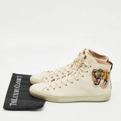 Pre Owned Gucci Cream Leather Tiger Embroidered High Top Sneakers Size 43.5