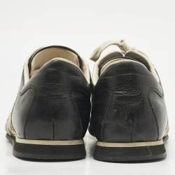 Pre Owned Gucci Beige/Black Leather and Canvas Tennis Low Top Sneakers Size 45