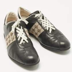 Pre Owned Gucci Beige/Black Leather and Canvas Tennis Low Top Sneakers Size 45