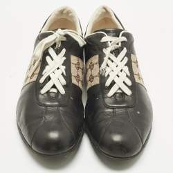 Pre Owned Gucci Beige/Black Leather and Canvas Tennis Low Top Sneakers Size 45