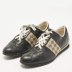 Pre Owned Gucci Beige/Black Leather and Canvas Tennis Low Top Sneakers Size 45