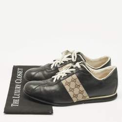 Pre Owned Gucci Beige/Black Leather and Canvas Tennis Low Top Sneakers Size 45