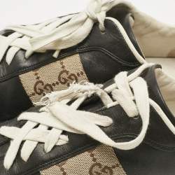 Pre Owned Gucci Beige/Black Leather and Canvas Tennis Low Top Sneakers Size 45
